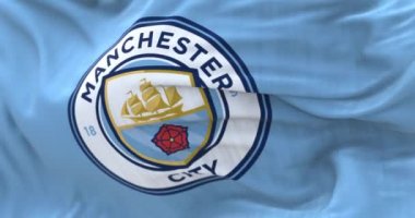 Manchester, İngiltere, DEC 2022: Manchester City bayrağı dalgalanan kumaş arka plan. Manchester City 'den. Bradford, Manchester merkezli profesyonel bir futbol kulübüdür. Gerçekçi 3B canlandırma
