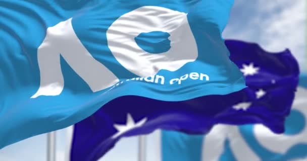 Melbourne Dec 2022 Australian Open Och Australiska Flaggor Vinkar Tillsammans — Stockvideo