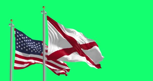 Σημαίες Της Αλαμπάμα Και Των Ηπα Κυματίζουν Απομονωμένες Πράσινο Φόντο — Αρχείο Βίντεο
