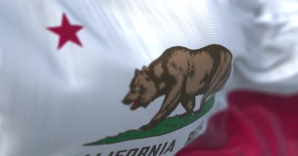 カリフォルニア州旗が手を振ってのクローズアップビュー カリフォルニアの旗はクマの旗でもある フリップルテクスチャ生地 選択的フォーカス 現実的な3Dレンダリング スローモーションループ — ストック動画