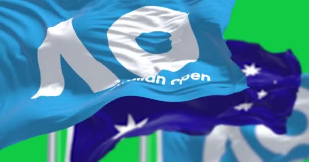 Melbourne Dec 2022 Australische Open Australische Vlaggen Wapperen Samen Sport — Stockvideo