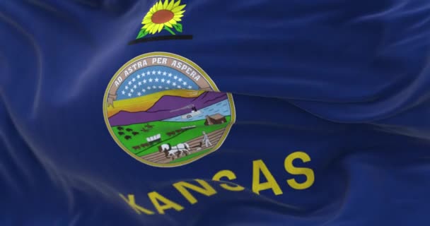 Kansas Eyaletinin Rüzgarda Dalgalanan Bayrağının Yakın Çekimi Kansas Abd Nin — Stok video