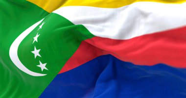 Ulusal Komoro bayrağı dalgalanıyor. Comoros Birliği, Hint Okyanusu 'nda bir takımada ülkesidir. Dalgalı Kumaş. Dokulu arka plan. Seçici odaklanma. Gerçekçi 3d illüstrasyon
