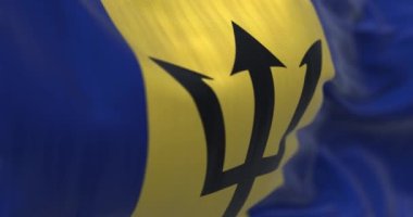 Barbados ulusal bayrağı dalgalanıyor. Ortasında siyah bir Triton olan mavi ve sarı bir bayrak. Dalgalı kumaş. Seçici odaklanma. Gerçekçi 3D canlandırma. Yavaş çekim döngüsü
