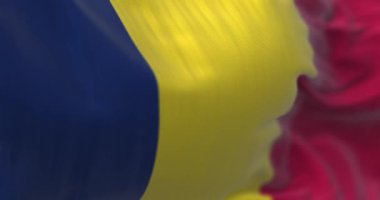 Chad ulusal bayrağı sallıyor. Çad Cumhuriyeti, Kuzey ve Orta Afrika 'nın kesişen yollarında bulunan bir ülkedir. Dalgalı kumaş. Seçici odaklanma. Gerçekçi 3D canlandırma. Yavaş çekim döngüsü