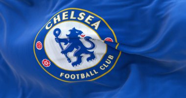 London, UK, Jan 2022: Close-up of the Chelsea Football Club flag waving. Blue Heraldic lion holding a staff. Rippled Fabric. Textured background. Selective focus. Realistic 3d illustration clipart