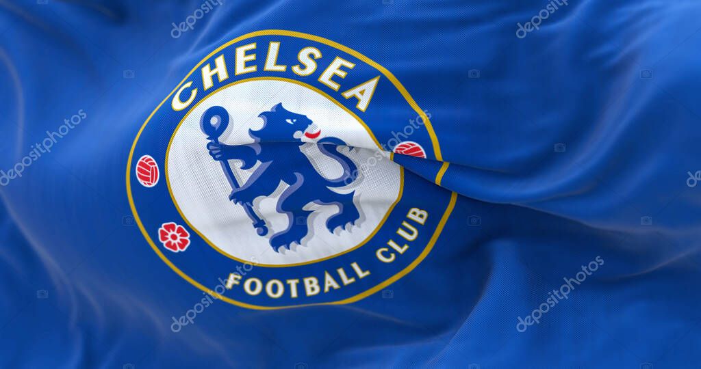 London, UK, Jan 2022: Close-up of the Chelsea Football Club flag waving. Blue Heraldic lion holding a staff. Rippled Fabric. Textured background. Selective focus. Realistic 3d illustration