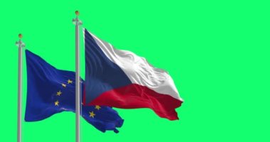 Flags of Czech Republic and the European Union waving isolated on a green background. Realistic 3D render. Green screen matte and chroma key. Slow motion loop