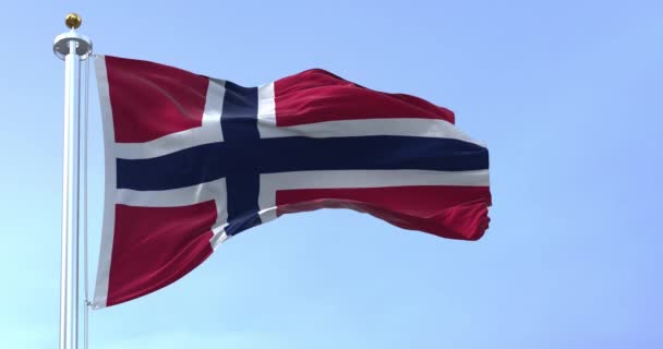 Norway National Flag Waving Wind Clear Day Red Field Blue — Vídeos de Stock