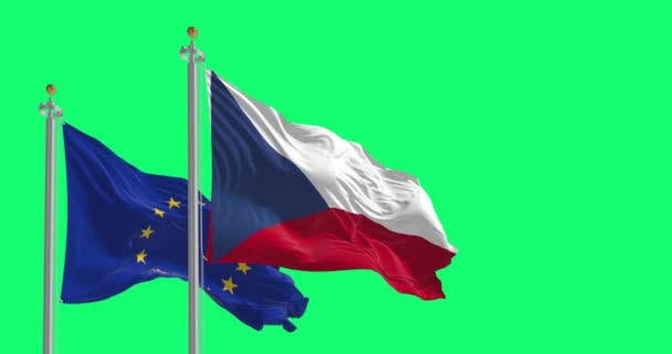 Flags Czech Republic European Union Waving Isolated Green Background Realistic — Vídeos de Stock