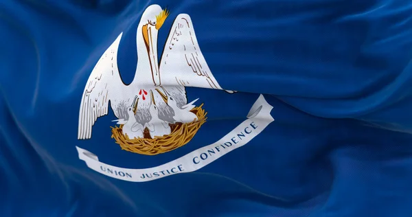 Close-up of the Louisiana state flag. Blue flag, white pelican and motto, center. US state. Rippled fabric. Textured background. Selective focus on the Pelican. Realistic 3d illustration