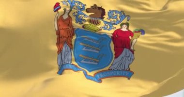 Close-up of the New Jersey state flag. Coat of arms on buff background. US state. Rippled fabric. Textured background. Realistic 3D render. Slow motion loop