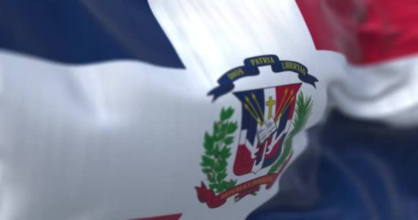 Close Dominican Republic Flag Red Blue Flag White Cross Coat — Vídeo de Stock