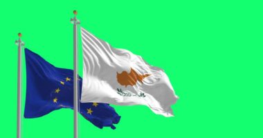 Cyprus and the European Union flags waving isolated on a green background. Realistic 3D render. Green screen matte and chroma key. Slow motion loop