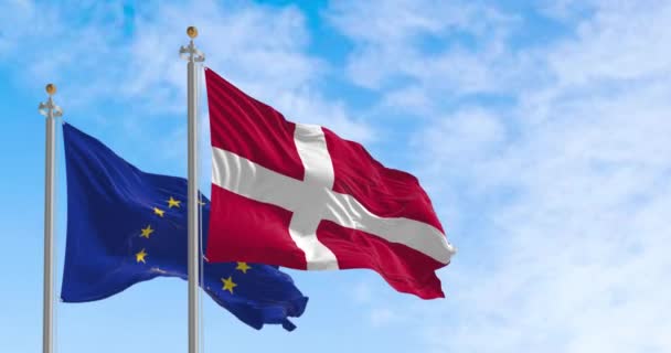 Flags Denmark European Union Waving Together Clear Day Denmark Became — Stock videók