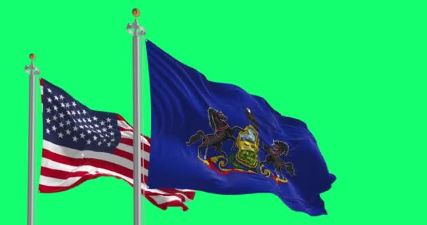 Pennsylvania Flags Waving Isolated Green Background Pennsylvania Flag Features Coat — Αρχείο Βίντεο