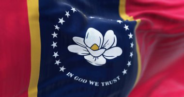 Detail of the Mississippi flag waving. White magnolia, 21 stars, In God We Trust, blue pale, gold borders, red field. Rippled fabric. Textured background. Selective focus. Realistic 3d illustration clipart
