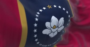 Mississippi flag waving. White magnolia, 21 stars, In God We Trust, blue pale, gold borders, red field. Rippled fabric. Textured background. Selective focus. Realistic 3D render. Slow motion loop