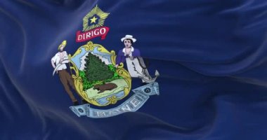 Maine flag waving. Coat of arms on a blue field with a moose, farmer, seaman and North Star. Motto: Dirigo. Rippled fabric. Textured background. Selective focus. Realistic 3D render. Slow motion loop