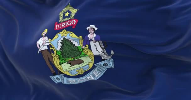 Maine Flag Waving Coat Arms Blue Field Moose Farmer Seaman — Vídeo de Stock