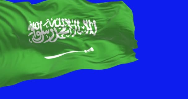 Saudi Arabia National Flag Waving Isolated Blue Background Green Field — Vídeo de Stock