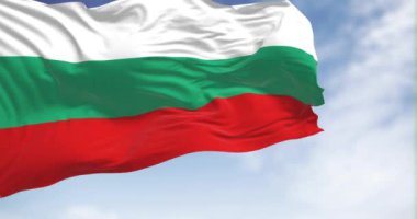 Close-up view of the Bulgaria national flag waving in the wind. Bulgaria flag is white-green-red horizontal stripes. Rippled fabric. Textured background. Realistic 3d render. Slow motion loop