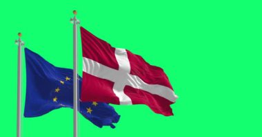 Denmark and the European Union flags waving together isolated on a green background. Rippled fabric. Realistic 3D render. Slow motion loop. Green screen matte and chroma key