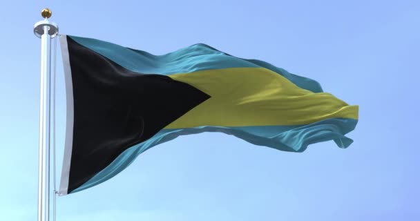 Close View Bahamas National Flag Waving Black Triangle Hoist Aquamarine — Vídeos de Stock