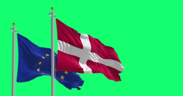 Denmark European Union Flags Waving Together Isolated Green Background Rippled — Video Stock