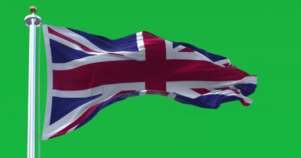 英国国旗在绿色背景下飘扬 联合杰克 蓝色的田野 红白相间的护佑圣徒 折皱的面料 3D渲染 慢动作回圈绿色屏幕垫 — 图库视频影像