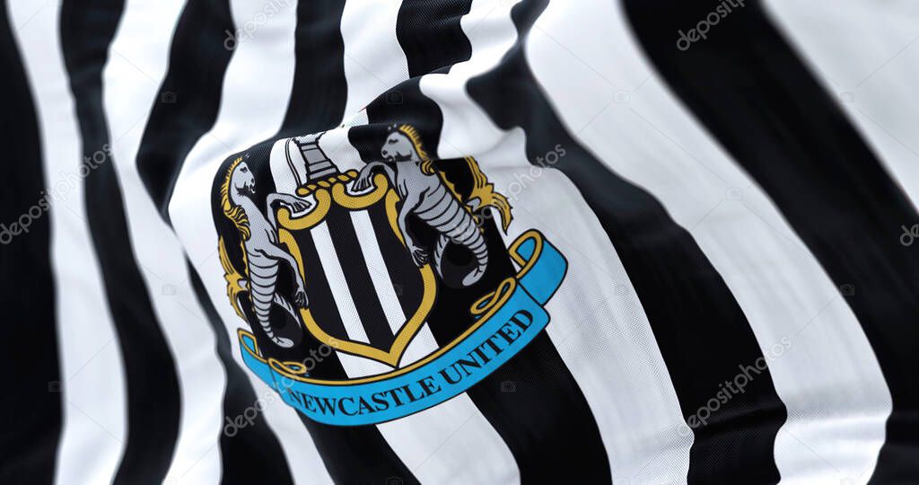 Newcastle, UK, May 2022: Fabric background with the Newcastle United flag waving. Rippled fabric. Textured background. Realistic 3d illustration. selective focus. close-up.