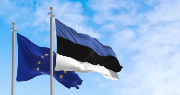 エストニアと欧州連合の旗が晴れた日に一緒に手を振っている 2004年5月1日 エストニアは欧州連合の一員となった リップル生地 現実的な3Dレンダリング スローモーションループ — ストック動画