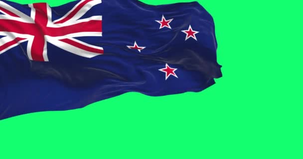 Новозеландський Національний Прапор Розмахує Ізольованим Зеленому Тлі Блакитний Енсін Юніон — стокове відео
