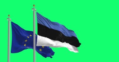 flags of Estonia and the European Union waving isolated on a green background. Estonia became a member of the EU on May 1, 2004. 3D render animation. Green screen matte. Chroma key. Slow motion loop