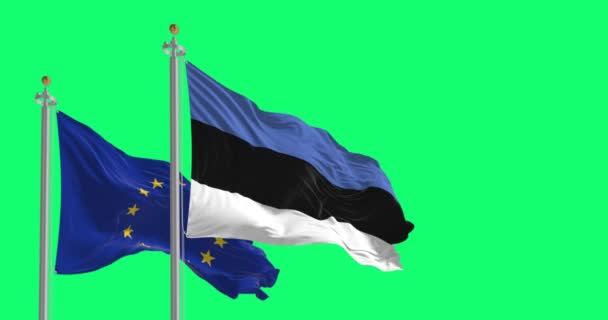 Прапори Естонії Європейського Союзу Махали Ізольовано Зеленому Тлі Естонія Стала — стокове відео