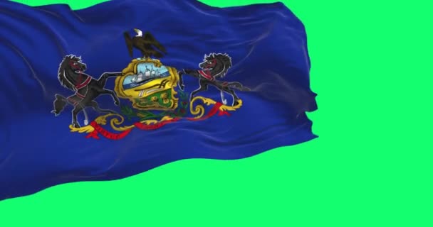 ペンシルベニア州の旗は緑の背景に孤立して振っている 中央に腕のペンシルベニア州のコートと青い旗 3Dレンダリングアニメーション 緑色のスクリーンマット クロマキー スローモーションループ — ストック動画