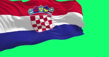 flag of Croatia waving isolated on a green background. Red, white and blue horizontal stripes with coat of arms in center. 3D render animation. Green screen matte. Chroma key. Slow motion loop