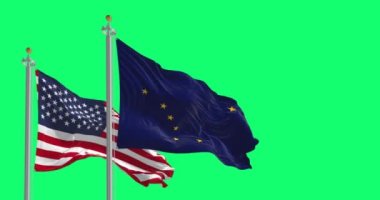 Alaska an USA flags waving isolated on a green background. Alaska flag is blue with Big Dipper and Polaris stars. 3D render animation. Green screen matte. Chroma key. Slow motion loop