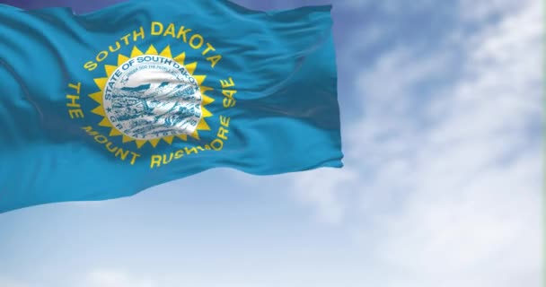 South Dakota Flag Waving Wind Sunny Day Federated American State — Stockvideo