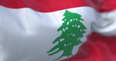 Detail of the Lebanon national flag waving. Lebanese Republic in Near East, Bordered by Mediterranean Sea. Fluttering textile. Selective focus. 3d render animation. Slow motion loop. Close-up
