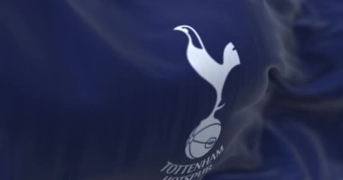 London, UK, May 2022: Detail of the Tottenham Hotspur flag waving. Fluttering textile. Selective focus. Realistic 3d render animation. Slow motion loop. Close-up