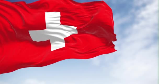 Swiss National Flag Waving Wind Clear Day Switzerland Landlocked Country — Video Stock