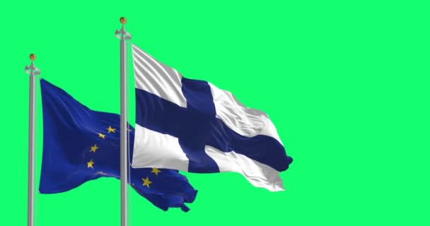 Finland European Union Flags Waving Together Isolated Green Background Fluttering — Video Stock
