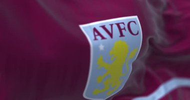 Birmingham, UK, May 2022: Aston Villa Football Club flag waving. Aston Villa is an english pro football club. Fluttering textile. Selective focus. 3d render animation. Slow motion loop. Close-up