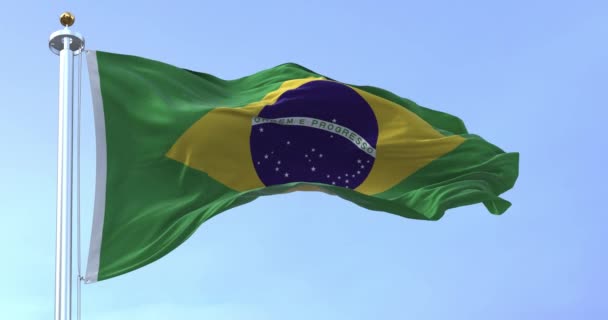 Brazil National Flag Waving Clear Day Yellow Diamond Green Field — Vídeos de Stock