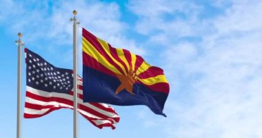 Arizona state flag waving with the national flag of the United States of America on a clear day. Rippled textile. 3d render animation. Slow motion loop.