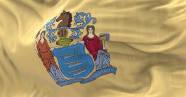 New Jersey bayrağına yakın çekim. Arkaplanda armalar var. ABD eyaleti. Çırpınan tekstil. Seçici odaklanma. 3D canlandırma canlandırması. Yavaş çekim döngüsü. Yakın plan.