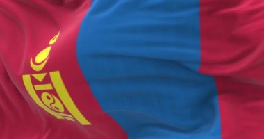 Detail of the Mongolia national flag waving in the wind. Mongolia is a State of East Asia. Fluttering textile. Selective focus. 3d render animation. Slow motion loop. Close-up