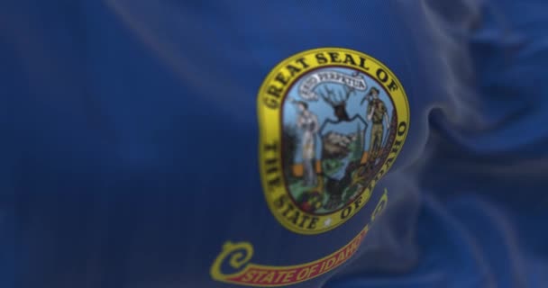 Delstatsflagget Til Idaho Flagrer Blå Bakgrunn Med Delstatssegl Rødt Bånd – stockvideo