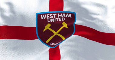 London, UK, Oct. 2022: Close-up of West Ham United F.C. flag waving. West Ham United F.C is an English football club based in London. Close-up. 3d illustration render. Illustrative editorial